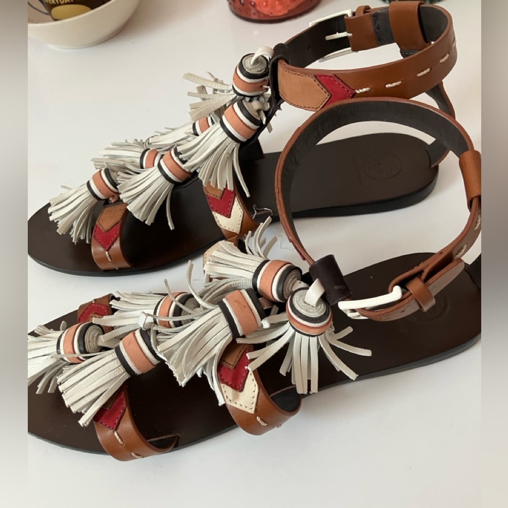 TORY BURCH Weaver Tassel Southwest Leather Flat Gladiator Sandals Sz 10